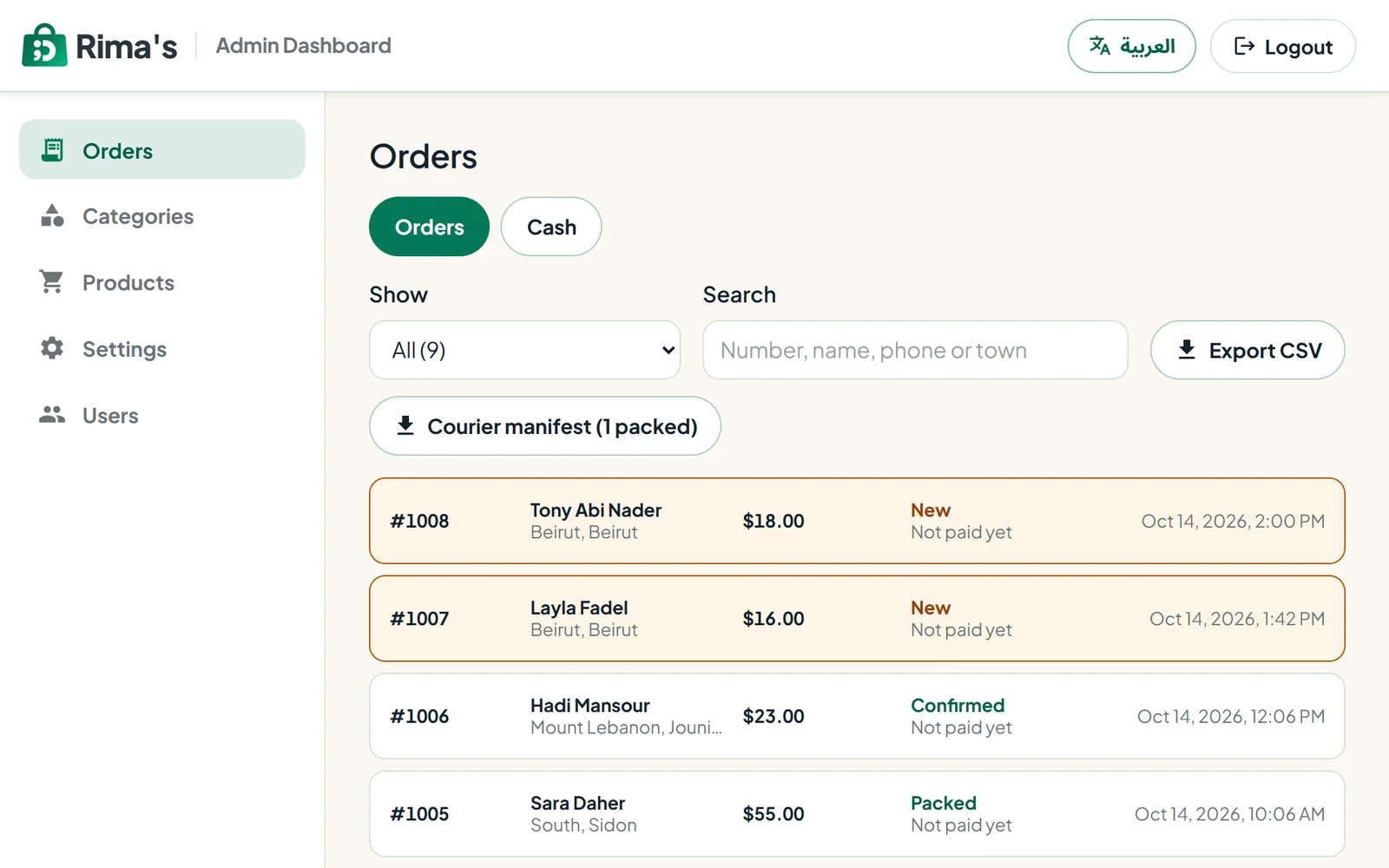 Screenshot of the admin panel: Every order in one list