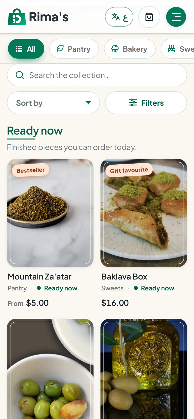 Screenshot of the shop on a phone: Shelves, prices and search